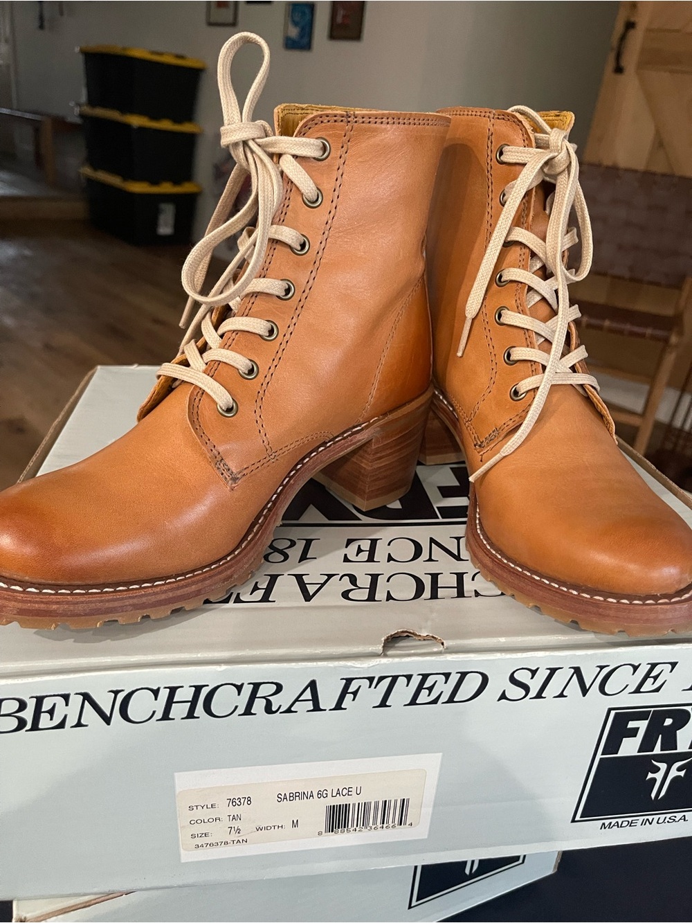 Frye Tan Leather Lace-Up Block Heel Boots